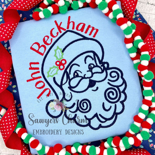 Santa Claus satin stitch outline machine embroidery design file, happy holidays, holly berries, vintage, Jolly Ole St. Nick, Merry Christmas
