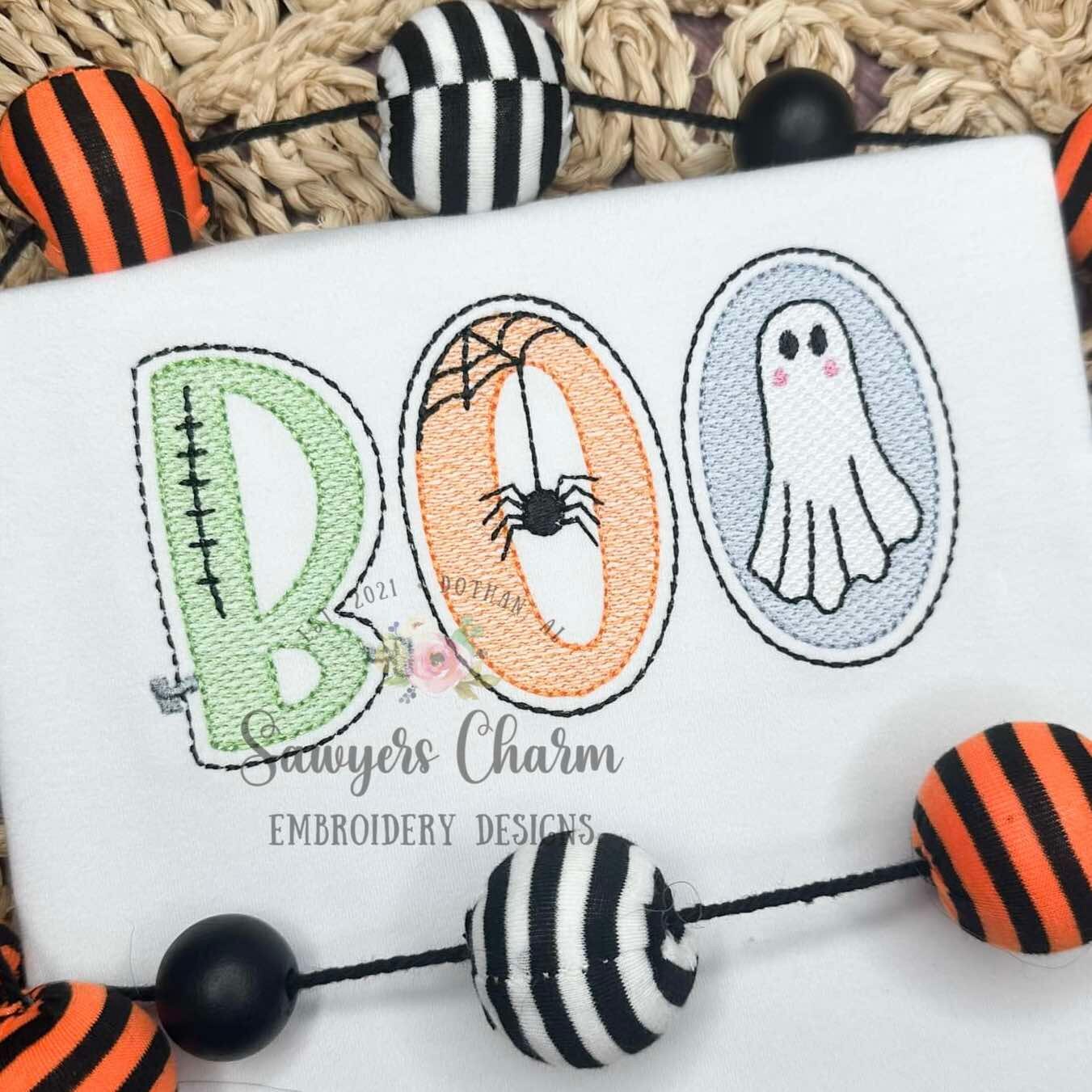 BOO boy with bows sketch stitch machine embroidery design file, fall, Halloween, spiderweb, ghost, Frankenstein, spooky, scary season