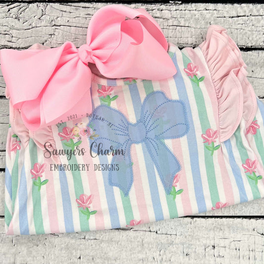 Bow with streamers zig zag stitch machine applique, embroidery design file, quick stitch, coquette, girls, hair ribbon, vintage