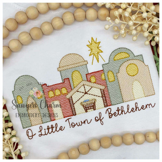 BUNDLE O Little Town of Bethlehem manger scene, baby Jesus sketch stitch machine embroidery design, with/without phrase, Merry Christmas