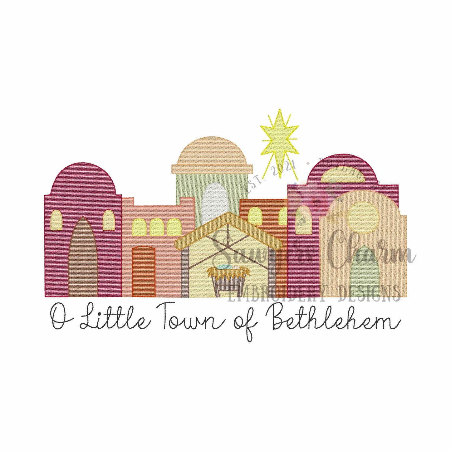 BUNDLE O Little Town of Bethlehem manger scene, baby Jesus sketch stitch machine embroidery design, with/without phrase, Merry Christmas