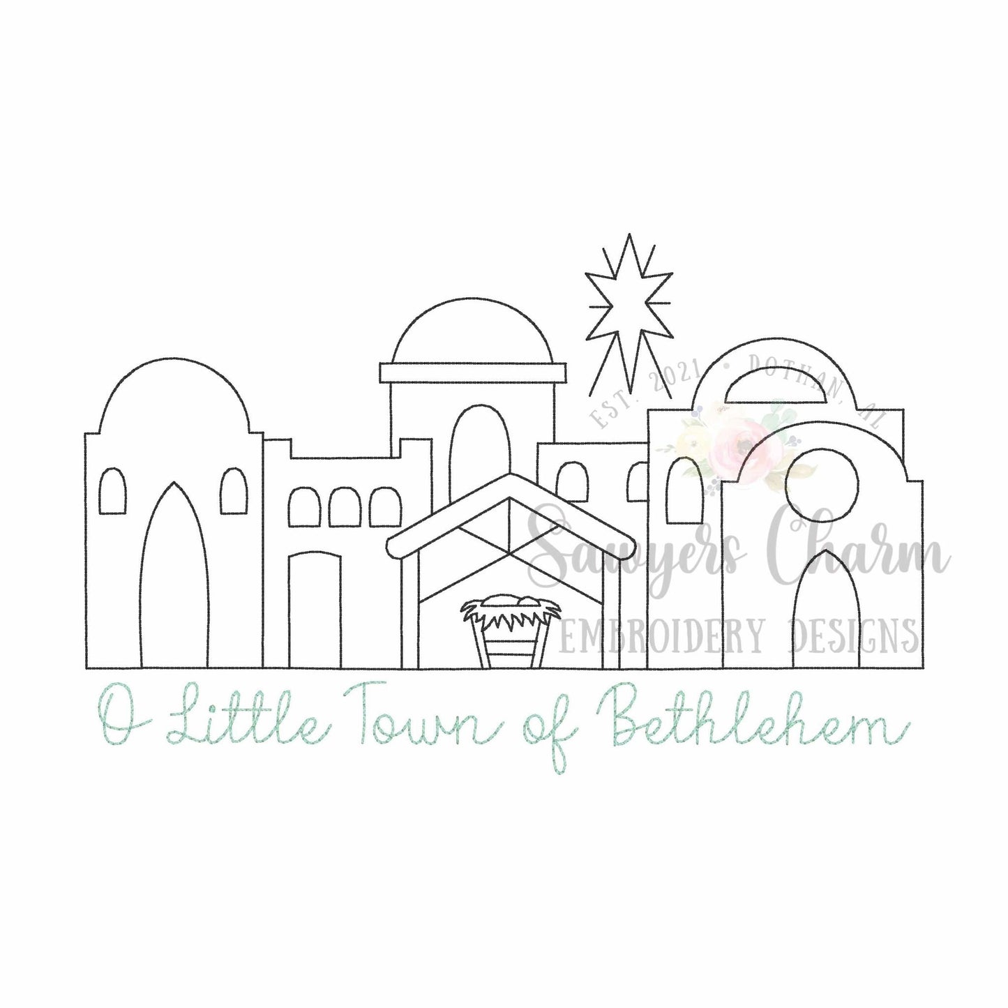 BUNDLE O Little Town of Bethlehem manger scene, baby Jesus bean stitch outline machine embroidery design, with/without phrase, Christmas