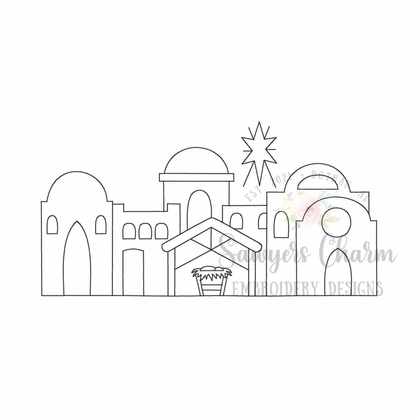 BUNDLE O Little Town of Bethlehem manger scene, baby Jesus bean stitch outline machine embroidery design, with/without phrase, Christmas