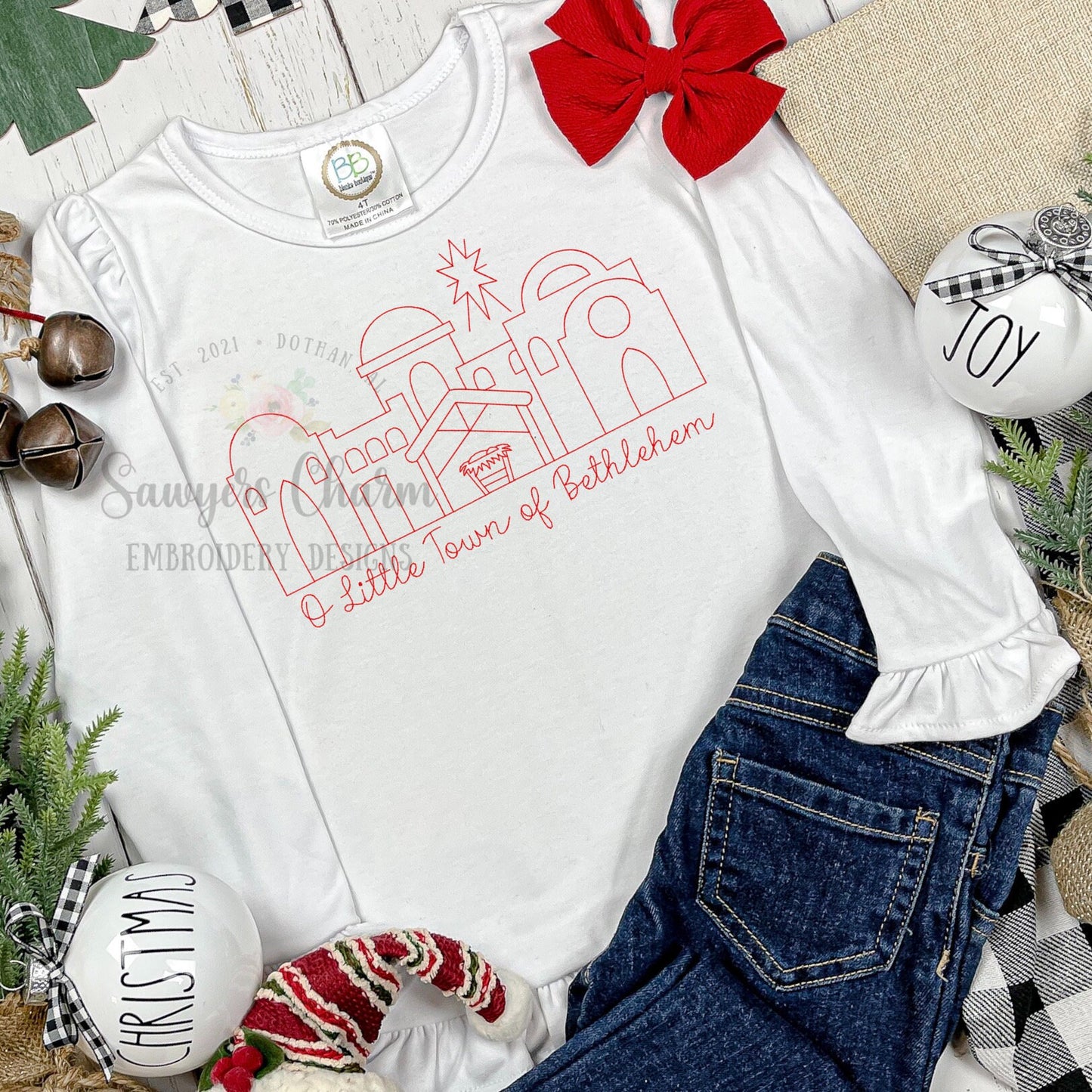 BUNDLE O Little Town of Bethlehem manger scene, baby Jesus bean stitch outline machine embroidery design, with/without phrase, Christmas