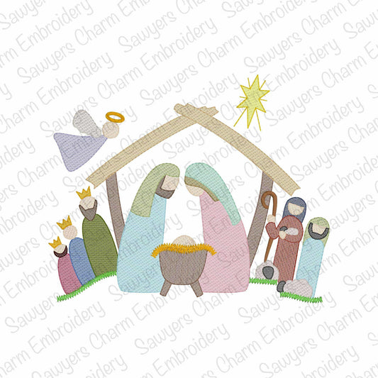 Nativity manger scene, Bethlehem star sketch stitch machine embroidery design file, shepherds, wise men, angel, baby Jesus, Christmas