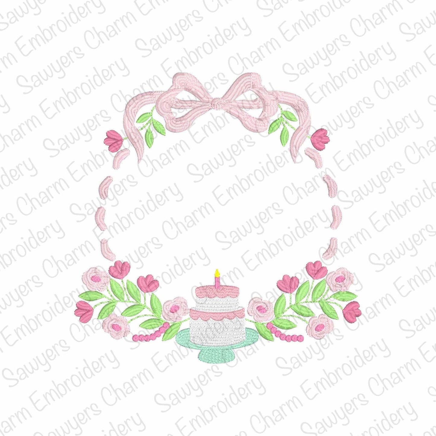Floral birthday monogram frame, satin stitch/fill stitch machine embroidery design file, coquette bow, crest, ribbons, cake, candle, laurel