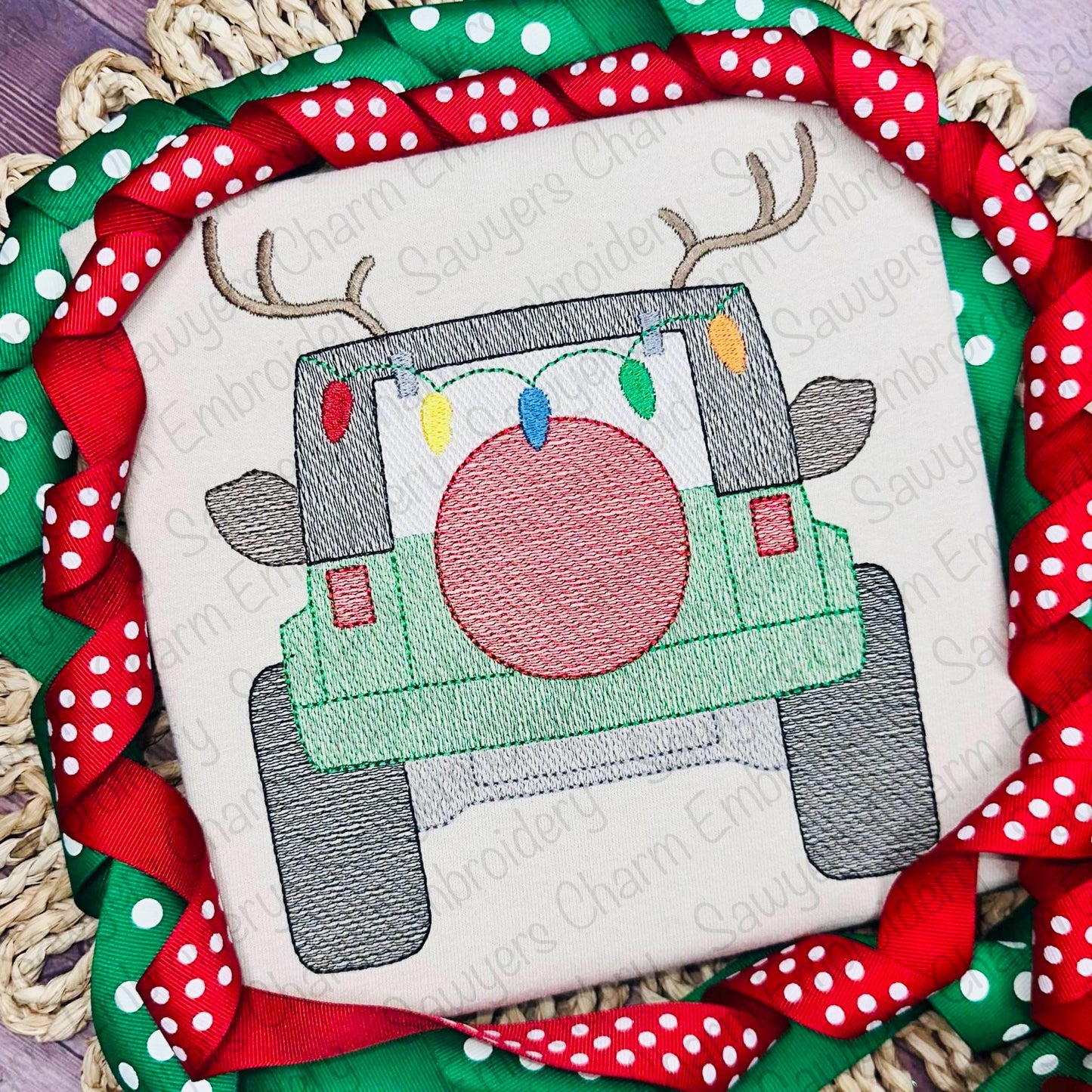 Rudolph reindeer antlers Off Road SUV vehicle truck sketch stitch machine embroidery design, Christmas lights, happy holidays, mudding