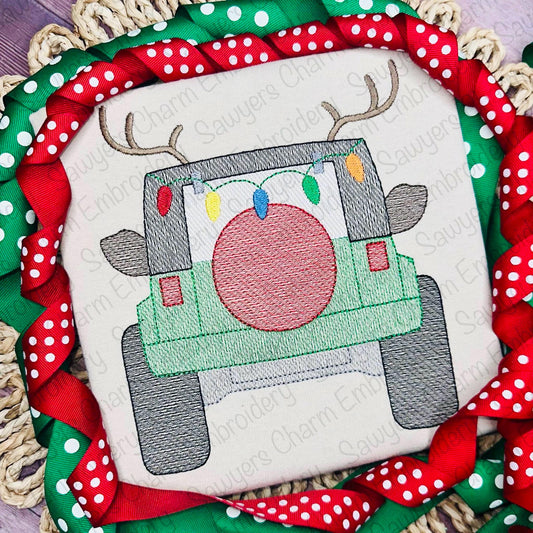 Rudolph reindeer antlers Off Road SUV vehicle truck sketch stitch machine embroidery design, Christmas lights, happy holidays, mudding