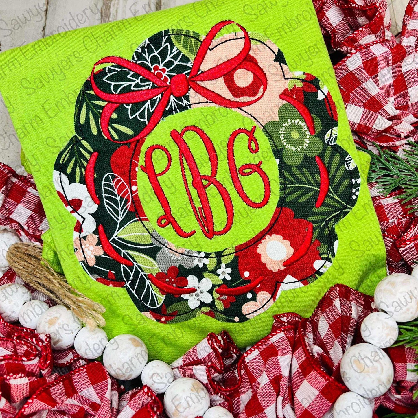 BUNDLE Christmas wreath with bow & laces bean and zigzag stitch applique, machine embroidery design, happy holidays, coquette, girl, merry