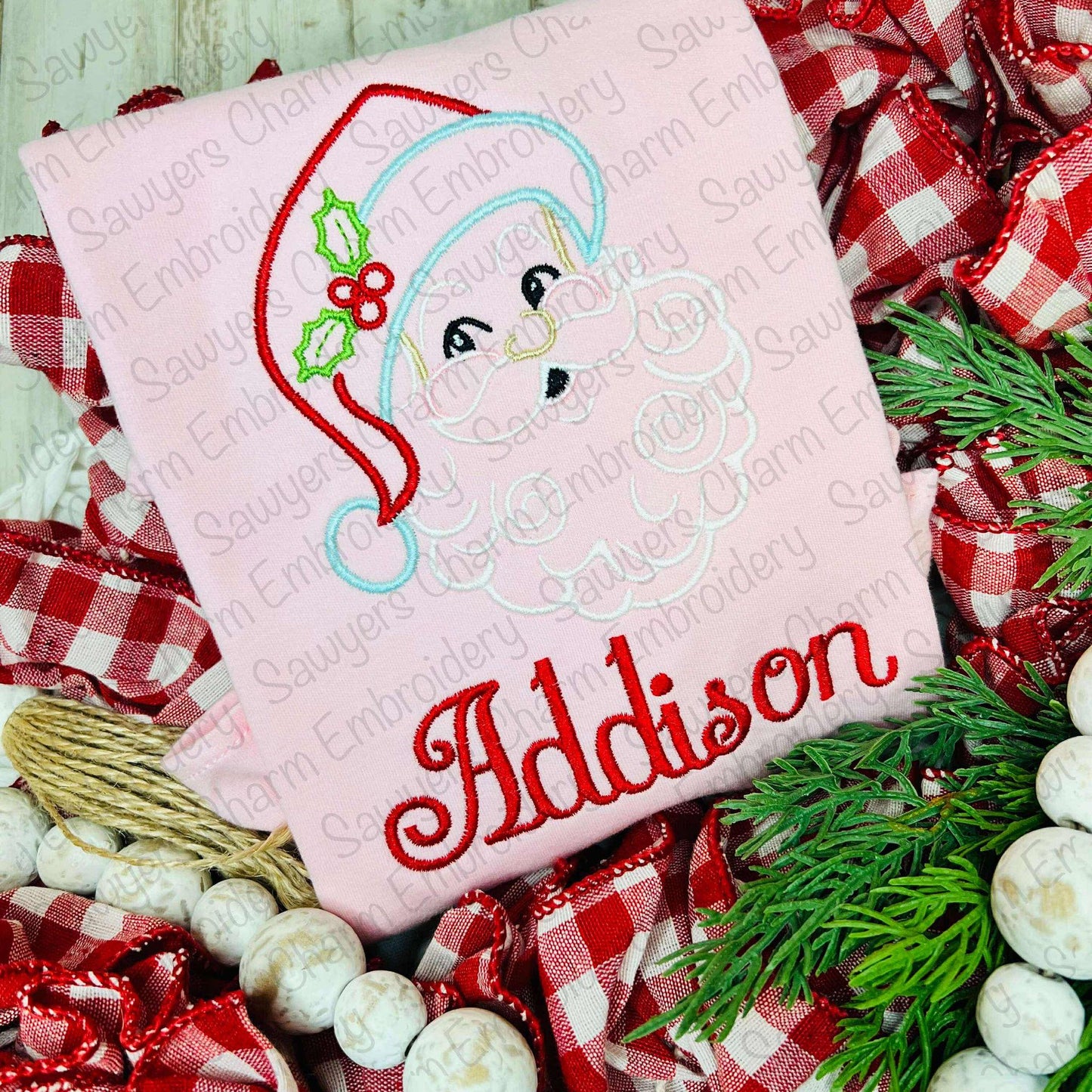 Santa Claus satin stitch outline machine embroidery design file, happy holidays, holly berries, vintage, Jolly Ole St. Nick, Merry Christmas