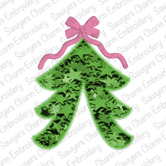 BUNDLE Side split Christmas tree with bow applique, machine embroidery design file, zigzag, satin, & bean stitch, for sweatshirts, holidays