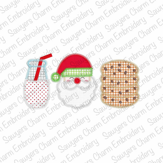 Santa Claus milk & stacked chocolate chip cookies zigzag stitch trio machine applique embroidery file, happy holidays, Merry Christmas