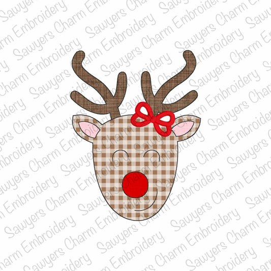 BUNDLE Rudolph red nose reindeer bean stitch machine applique embroidery file, with/without bow, happy holidays, Merry Christmas, coquette