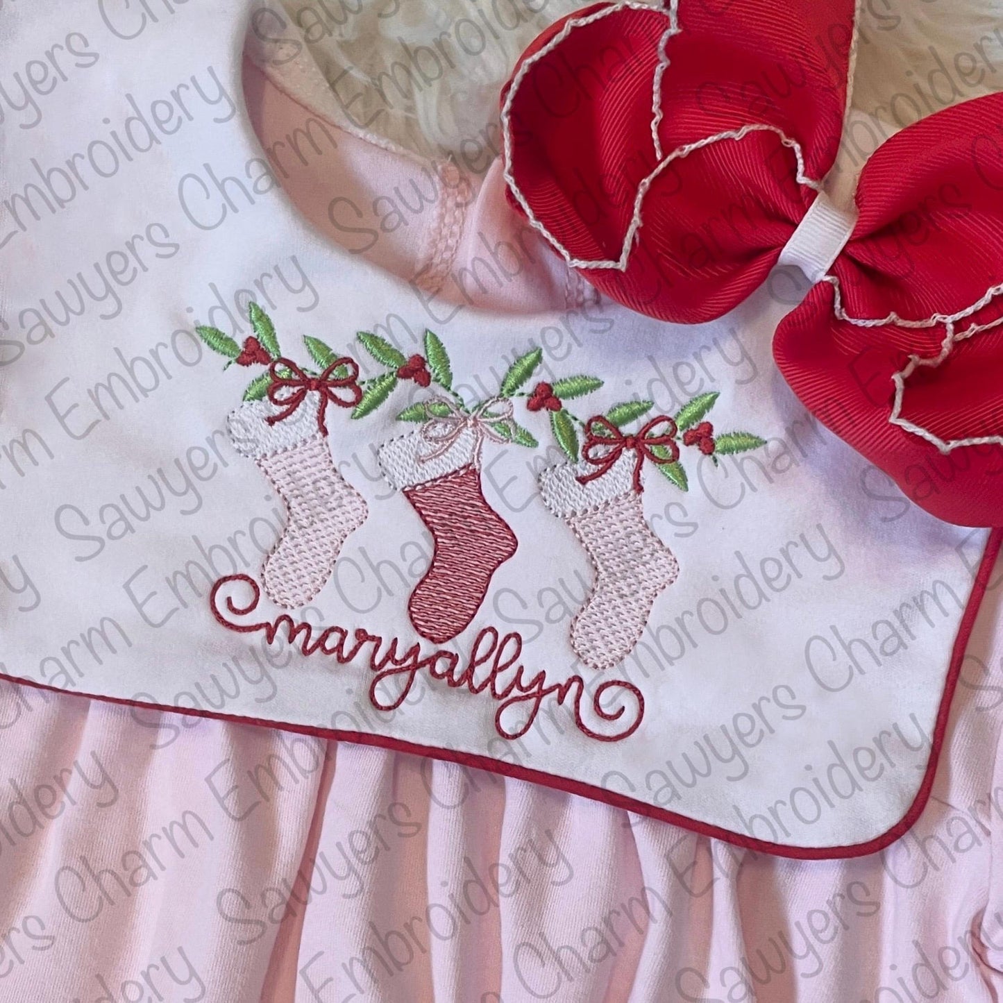 Coquette bows Christmas stockings on vine sketch stitch trio, machine embroidery design file, happy holidays, holly berries, merry