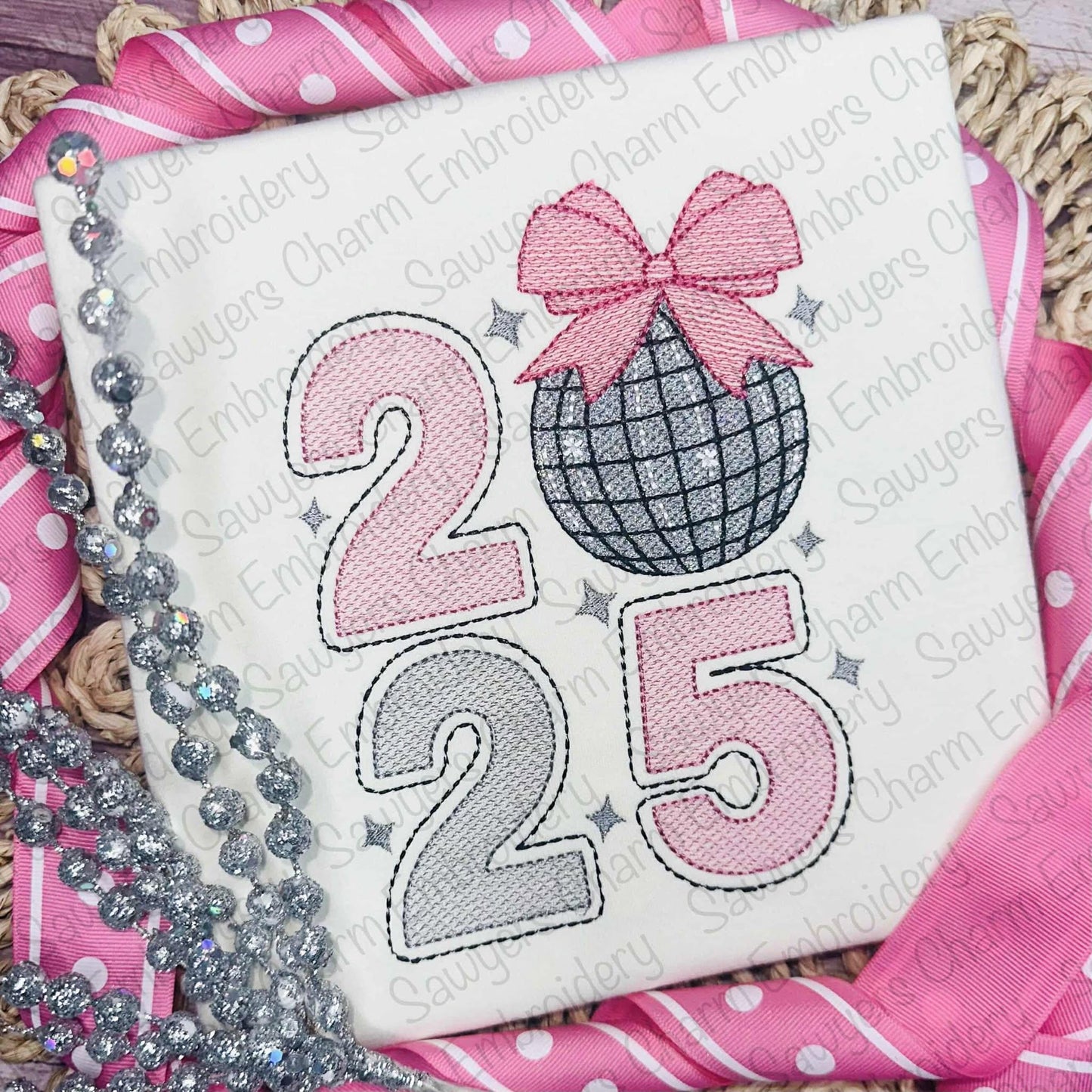 2025 Coquette disco ball with bow light fill sketch stitch machine embroidery design file, quick stitch, happy holidays, Happy New Year