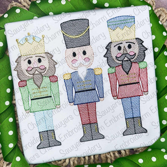 Nutcrackers trio sketch stitch machine embroidery design, happy holidays, Merry Christmas, crown, royalty