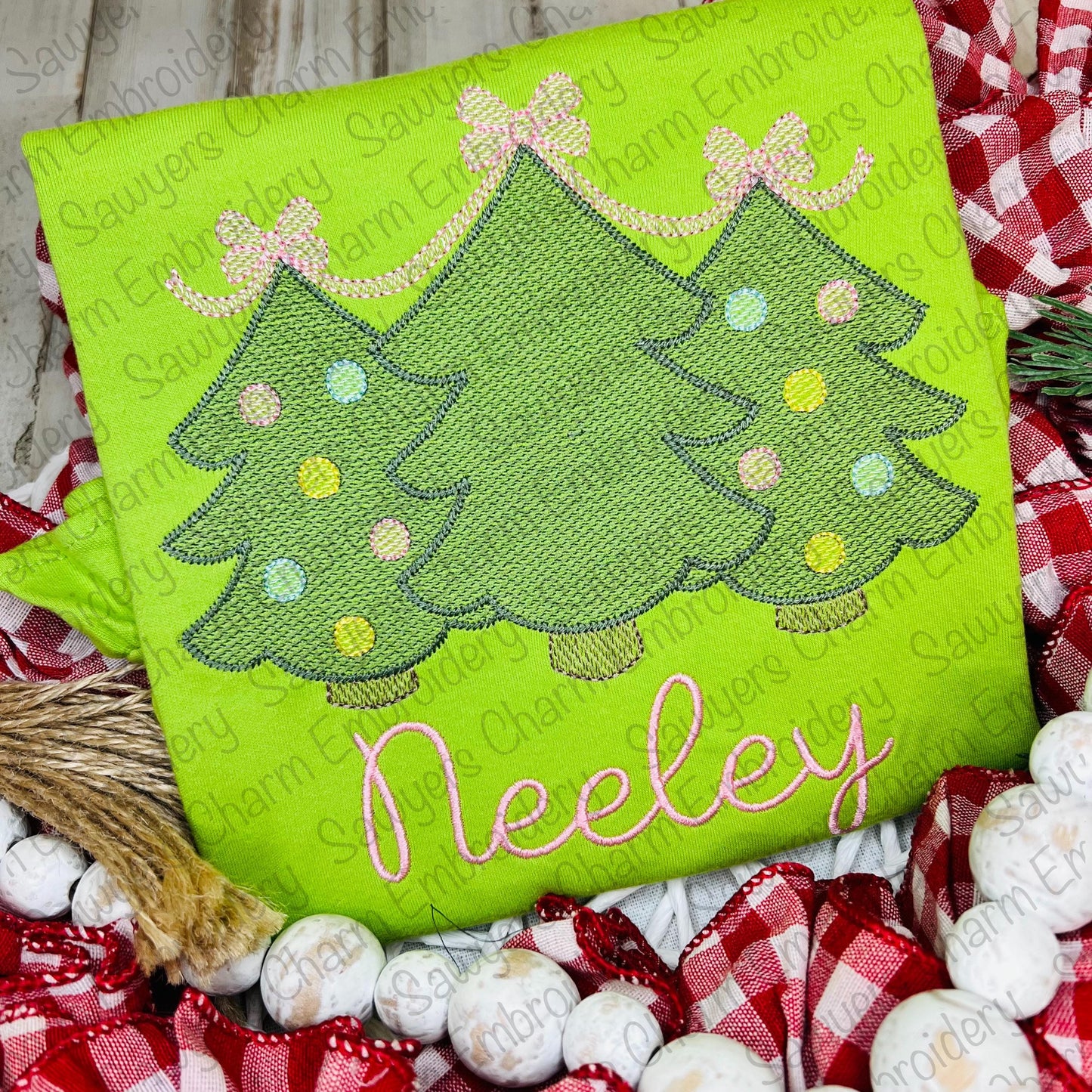 BUNDLE Christmas tree trio with bows & stars sketch stitch machine embroidery design file, quick stitch, ornaments, holidays, boho, woodland