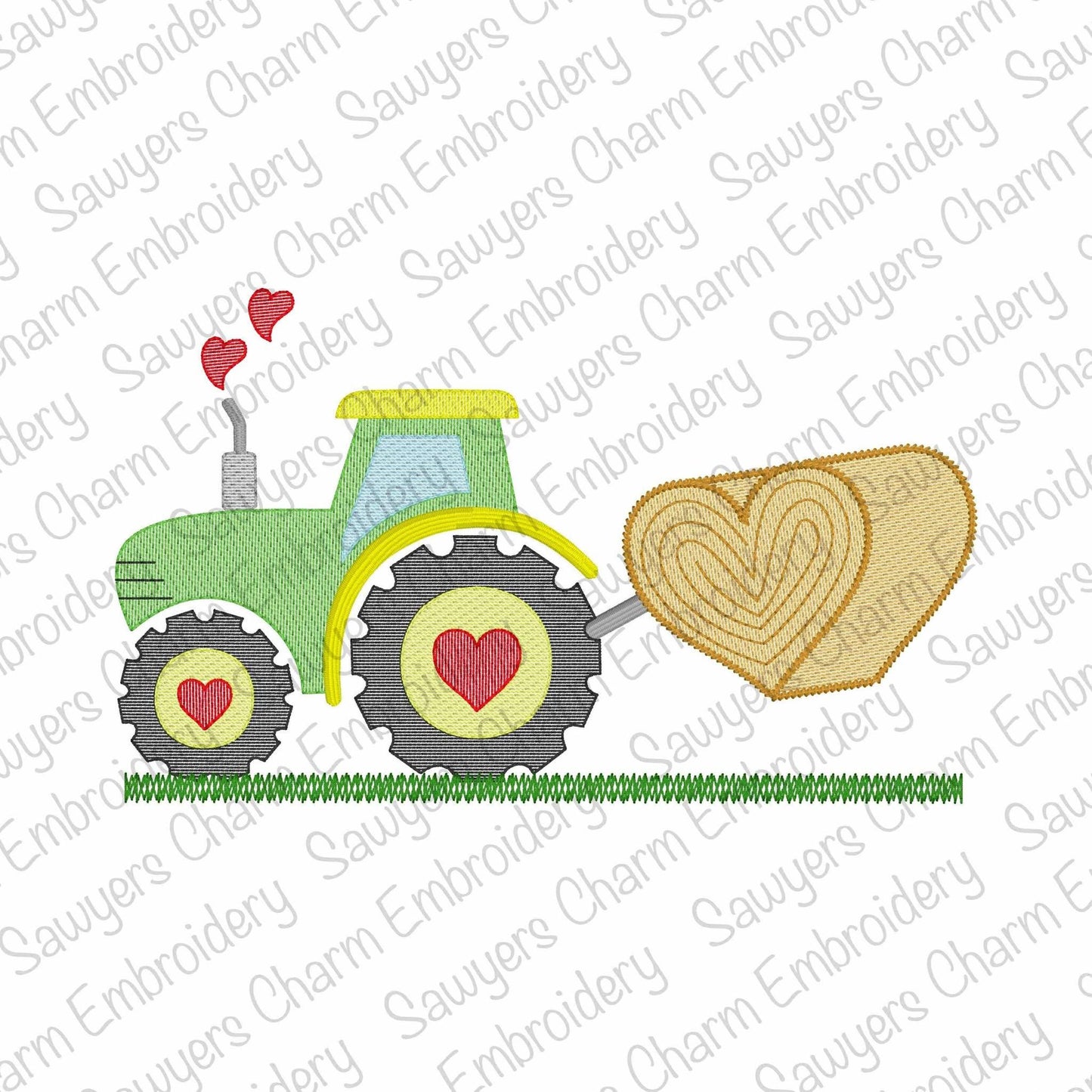 Valentine's Day tractor with heart haybale, heart smoke sketch stitch machine embroidery design file, quick stitch, love day, farm, xoxo