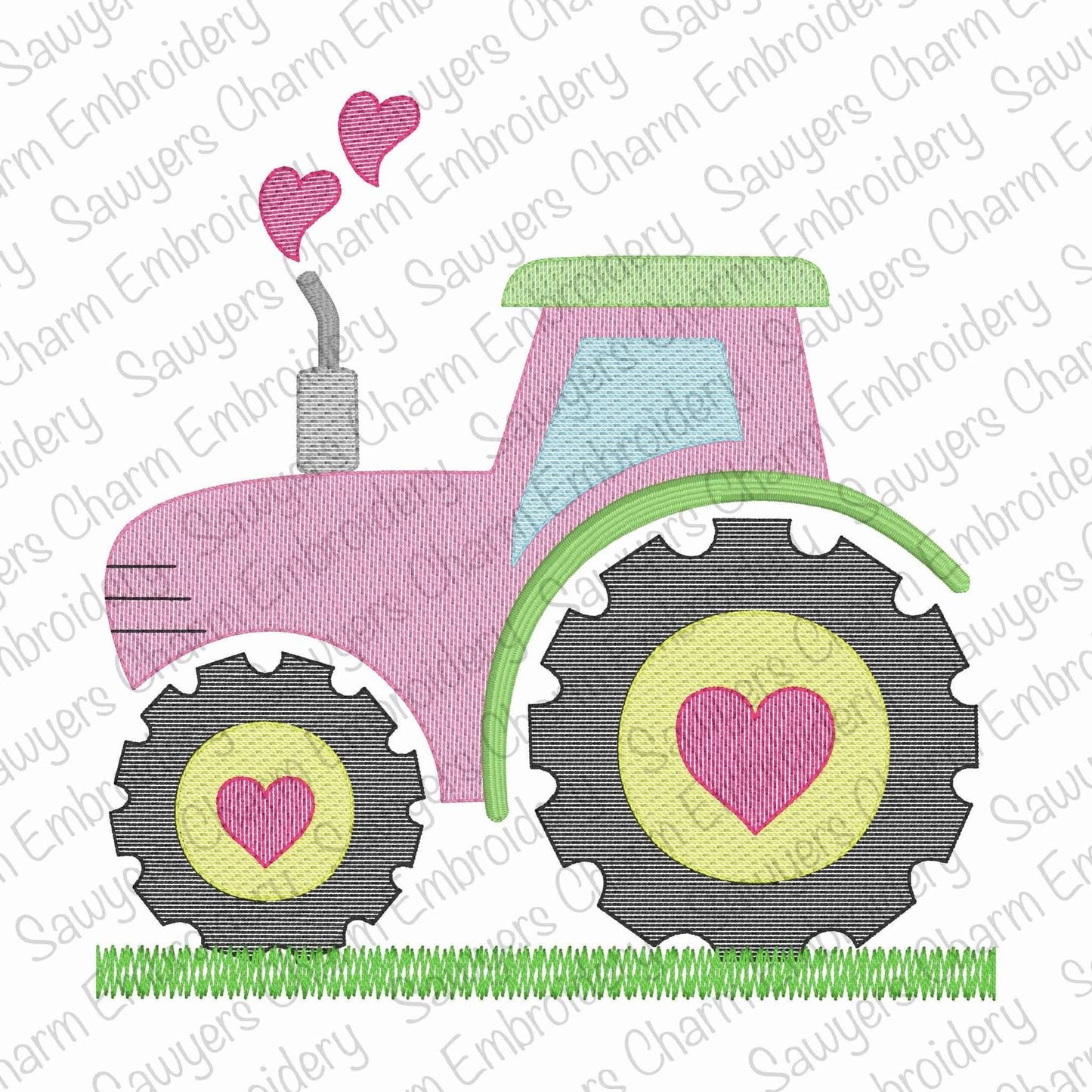 Valentine's Day tractor with heart smoke sketch stitch machine embroidery design file, quick stitch, love day, farm, xoxo, spring