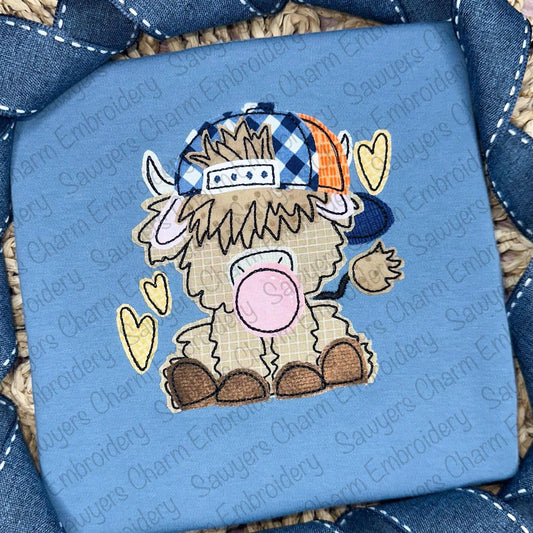 Highland cow baseball cap/hat & hearts chewing gum bean stitch machine applique embroidery design file, Valentine's Day, love, farm boy