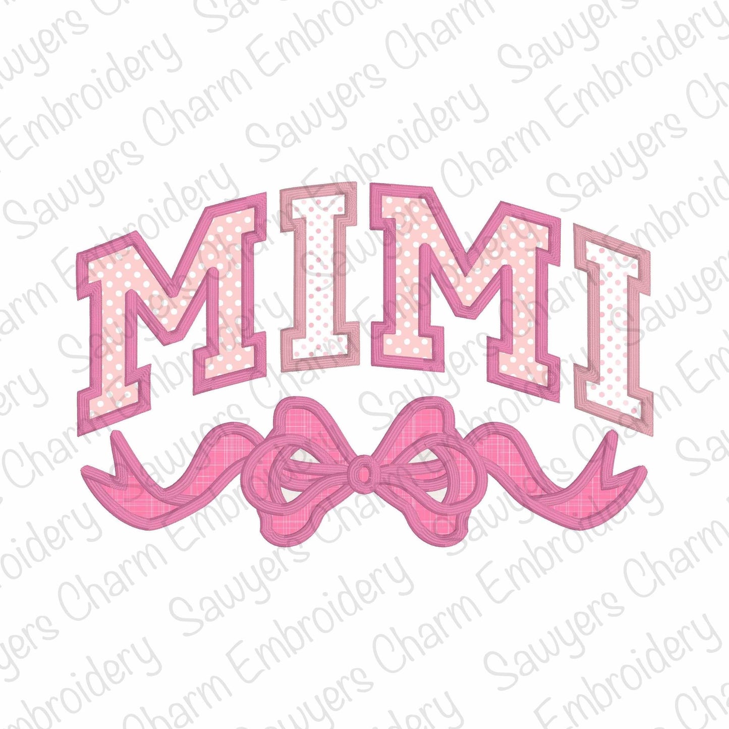 Mimi with coquette bow satin stitch machine embroidery design file, Mother's Day, love, Valentine's Day, athletic style letters, grandma