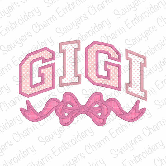 Gigi with coquette bow satin stitch machine embroidery design file, Mother's Day, love, Valentine's Day, athletic style letters, grandma