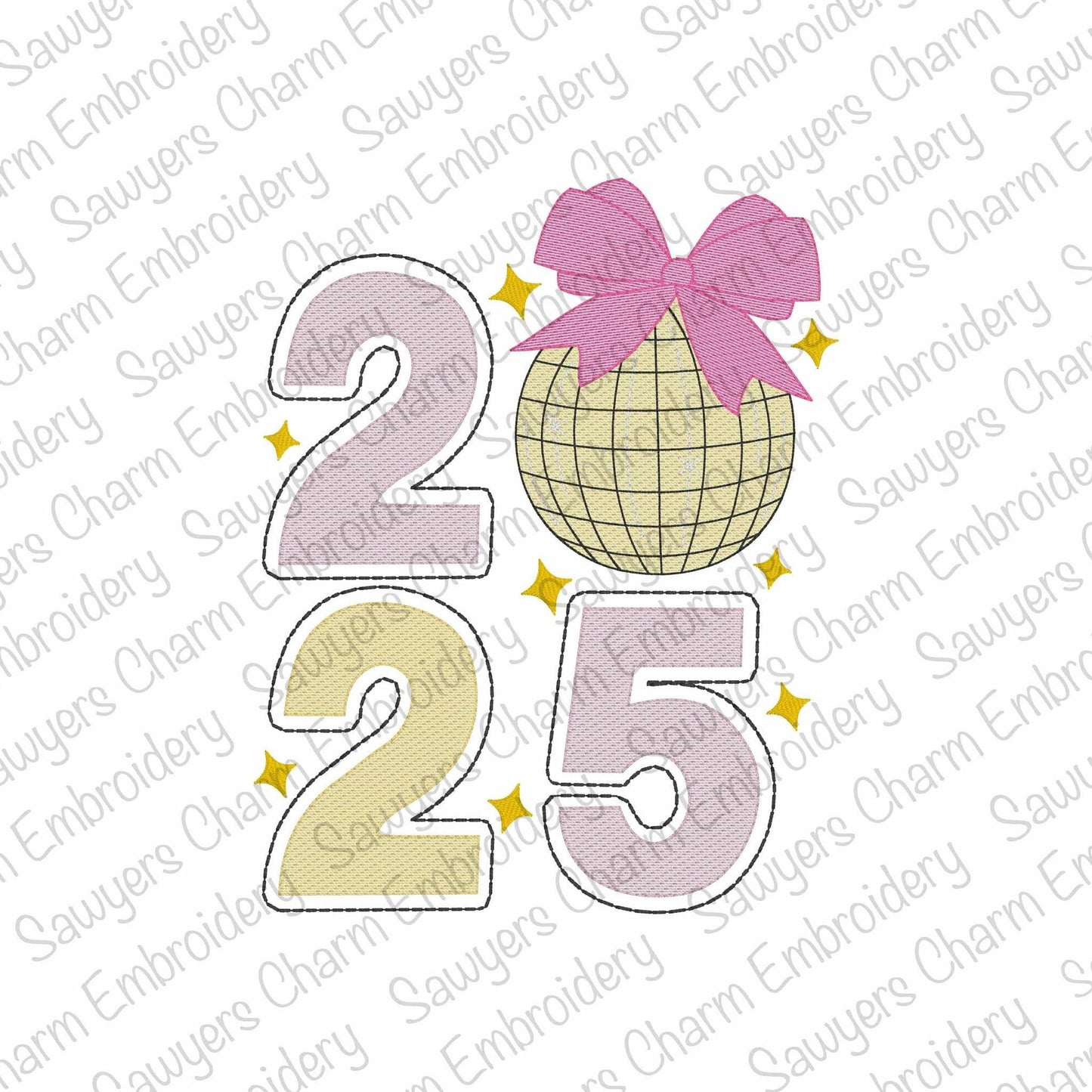 2025 Coquette disco ball with bow light fill sketch stitch machine embroidery design file, quick stitch, happy holidays, Happy New Year