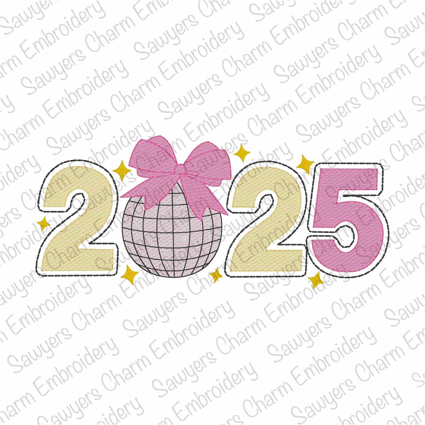 2025 Coquette disco ball with bow light fill sketch stitch machine embroidery design file, quick stitch, large sizes, Happy New Year