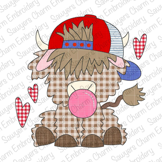 Highland cow baseball cap/hat & hearts chewing gum bean stitch machine applique embroidery design file, Valentine's Day, love, farm boy