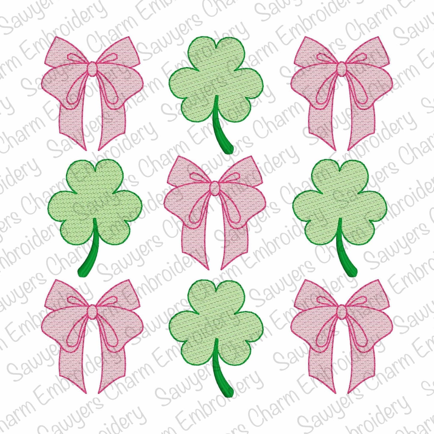 Coquette bows shamrocks grid, sketch stitch machine embroidery design, quick stitch, St. Patrick's Day, good luck charm, large sizes