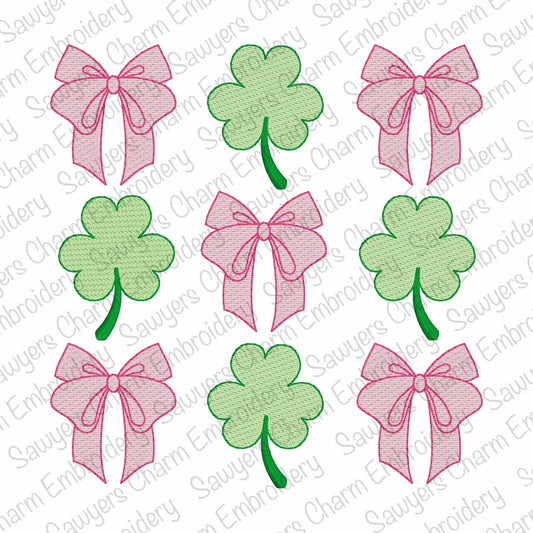 Coquette bows shamrocks grid, sketch stitch machine embroidery design, St. Patrick's Day, good luck charm, large sizes