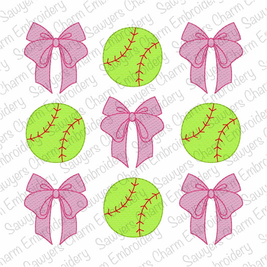 Coquette bows softball or baseball grid, sketch stitch machine embroidery design, quick stitch, spring sports, large sizes, player, fan