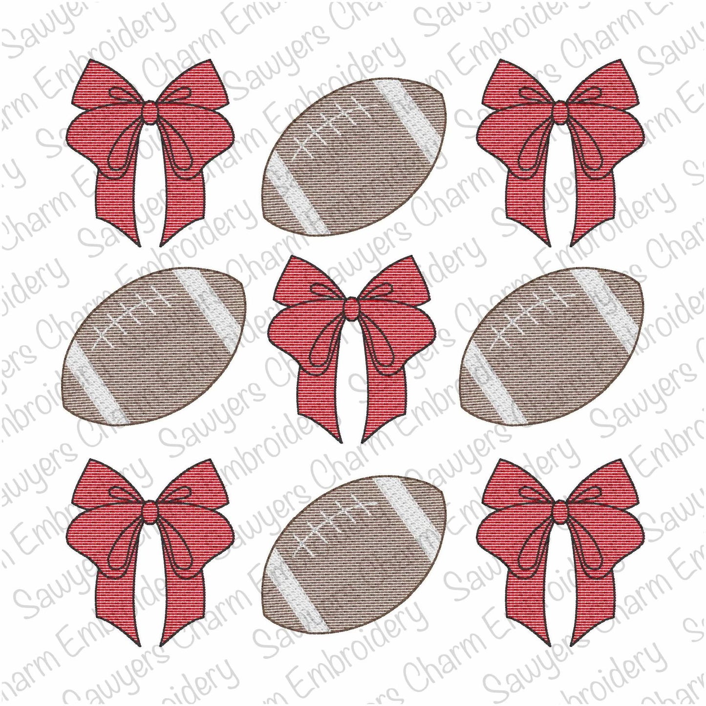 Coquette bows football grid, sketch stitch machine embroidery design, quick stitch, fall sports, large sizes, player, fan, cheer, mascots