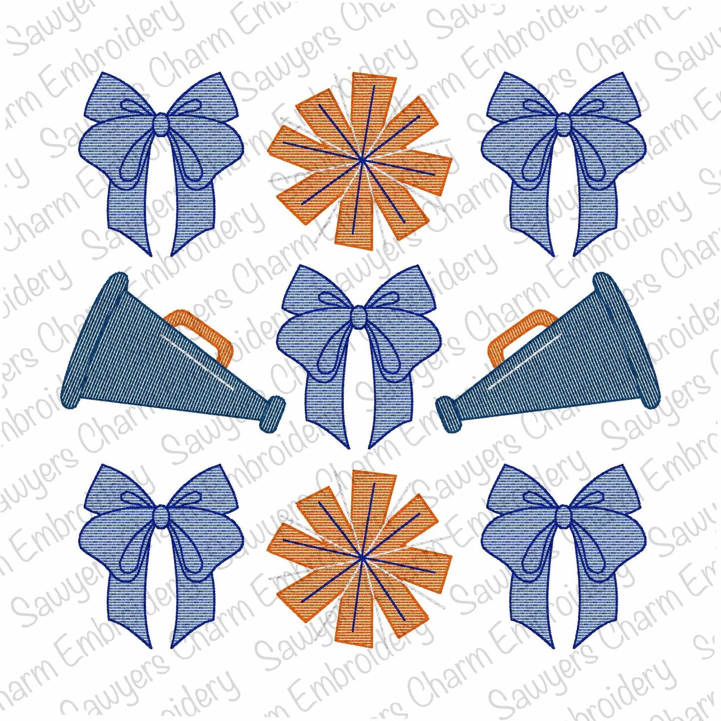 Coquette bows cheerleading grid, sketch stitch machine embroidery design, quick stitch, fall sports, large sizes, pom poms, megaphone, fan