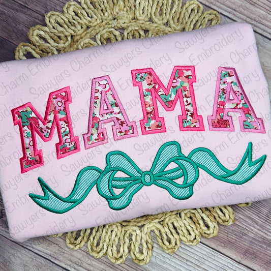 Mama with coquette bow satin stitch machine embroidery design file, Mother's Day, love, Valentine's Day, athletic style letters