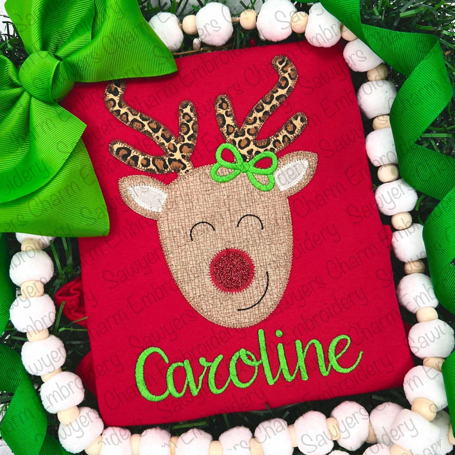 BUNDLE Rudolph red nose reindeer bean stitch machine applique embroidery file, with/without bow, happy holidays, Merry Christmas, coquette