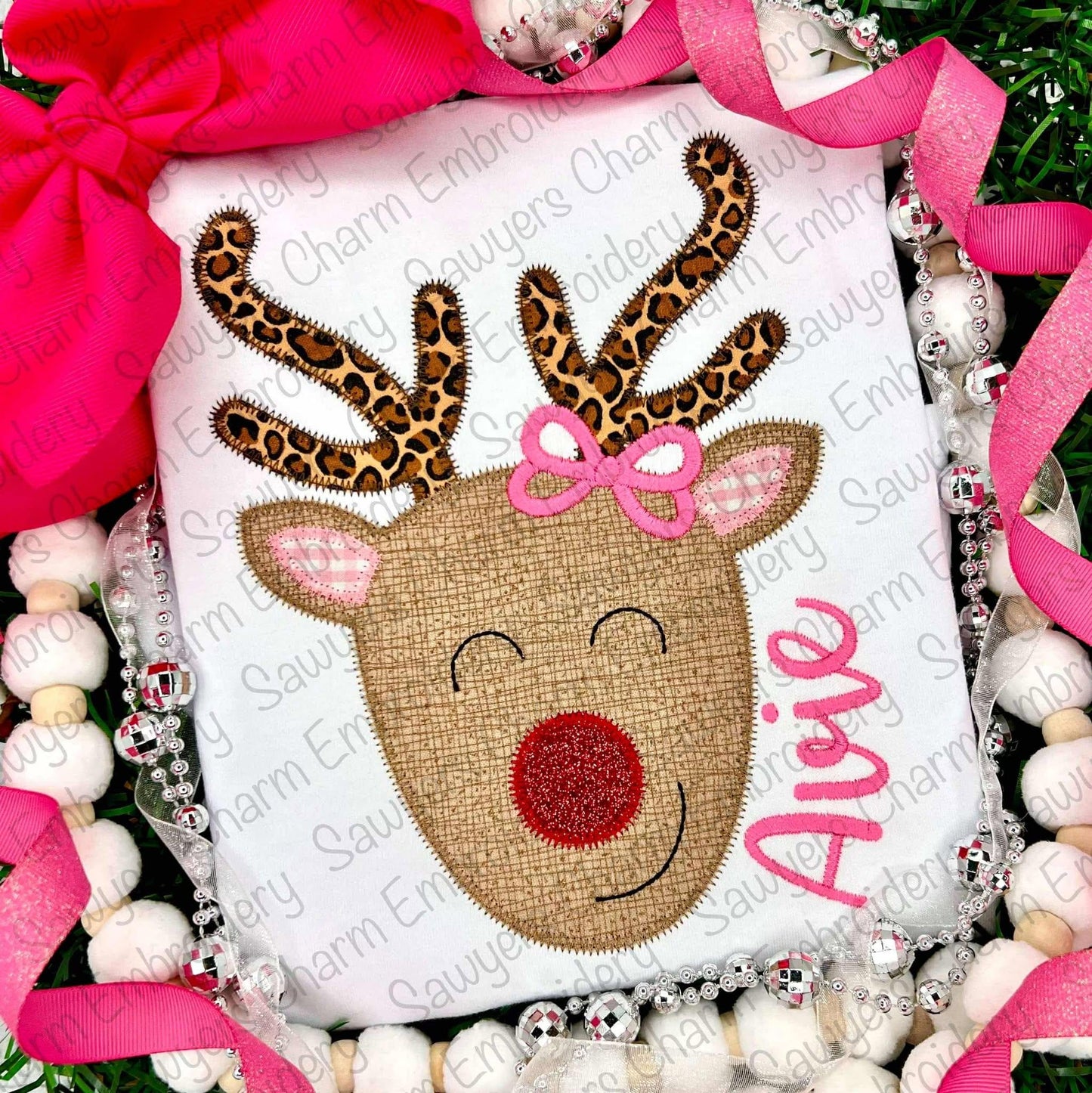 BUNDLE Rudolph red nose reindeer bean stitch machine applique embroidery file, with/without bow, happy holidays, Merry Christmas, coquette