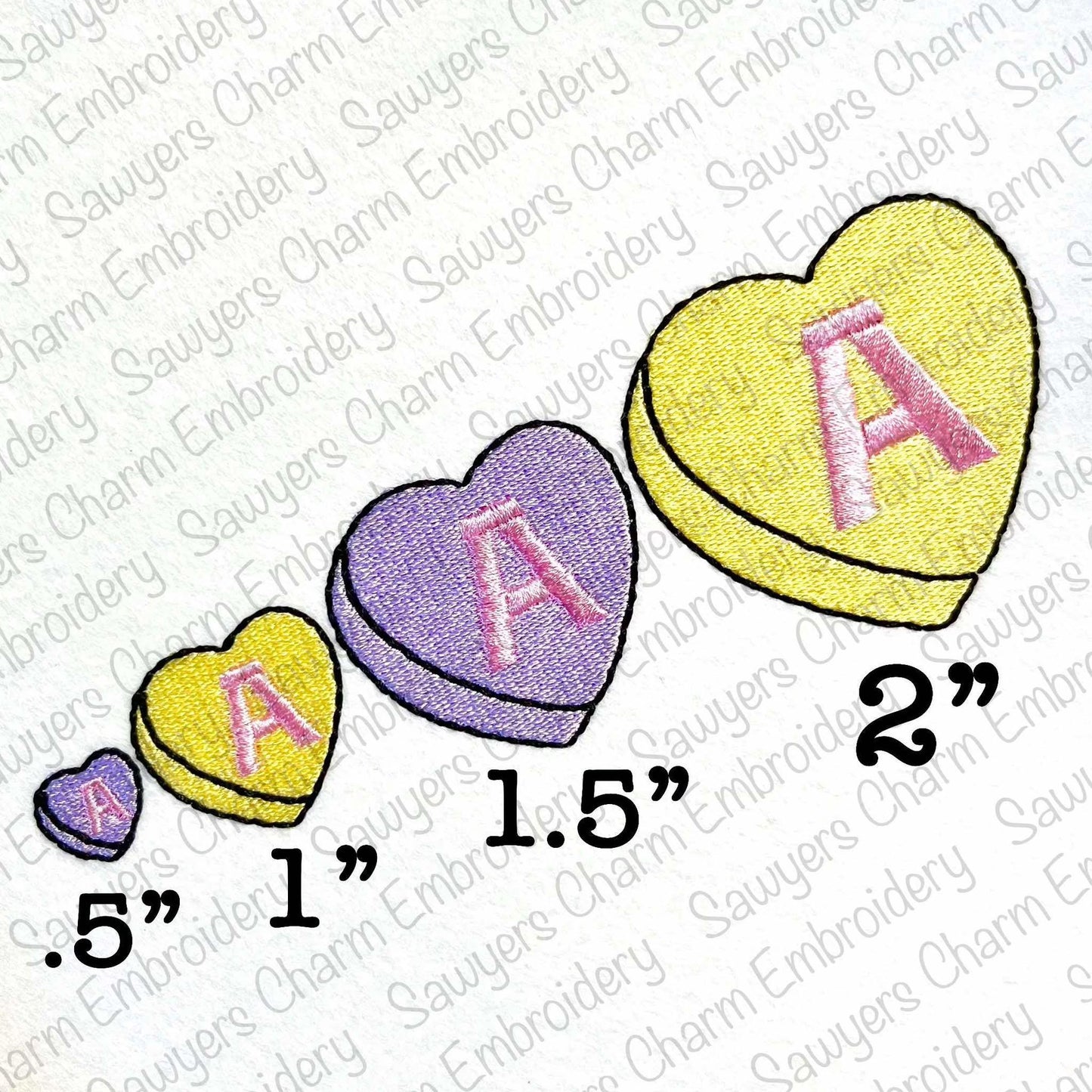 Be Mine conversation hearts machine embroidery font, fill stitch heart, satin stitch block uppercase letters, BX format included, 1/2"-2"