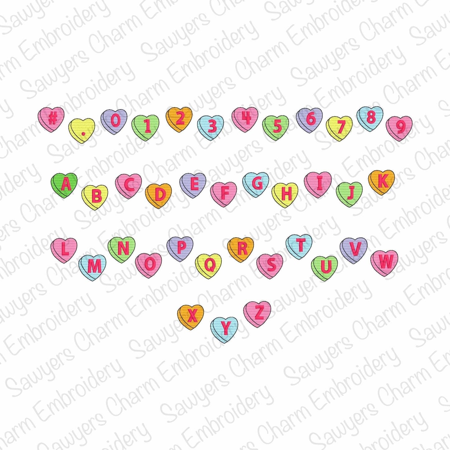 Be Mine conversation hearts machine embroidery font, fill stitch heart, satin stitch block uppercase letters, BX format included, 1/2"-2"