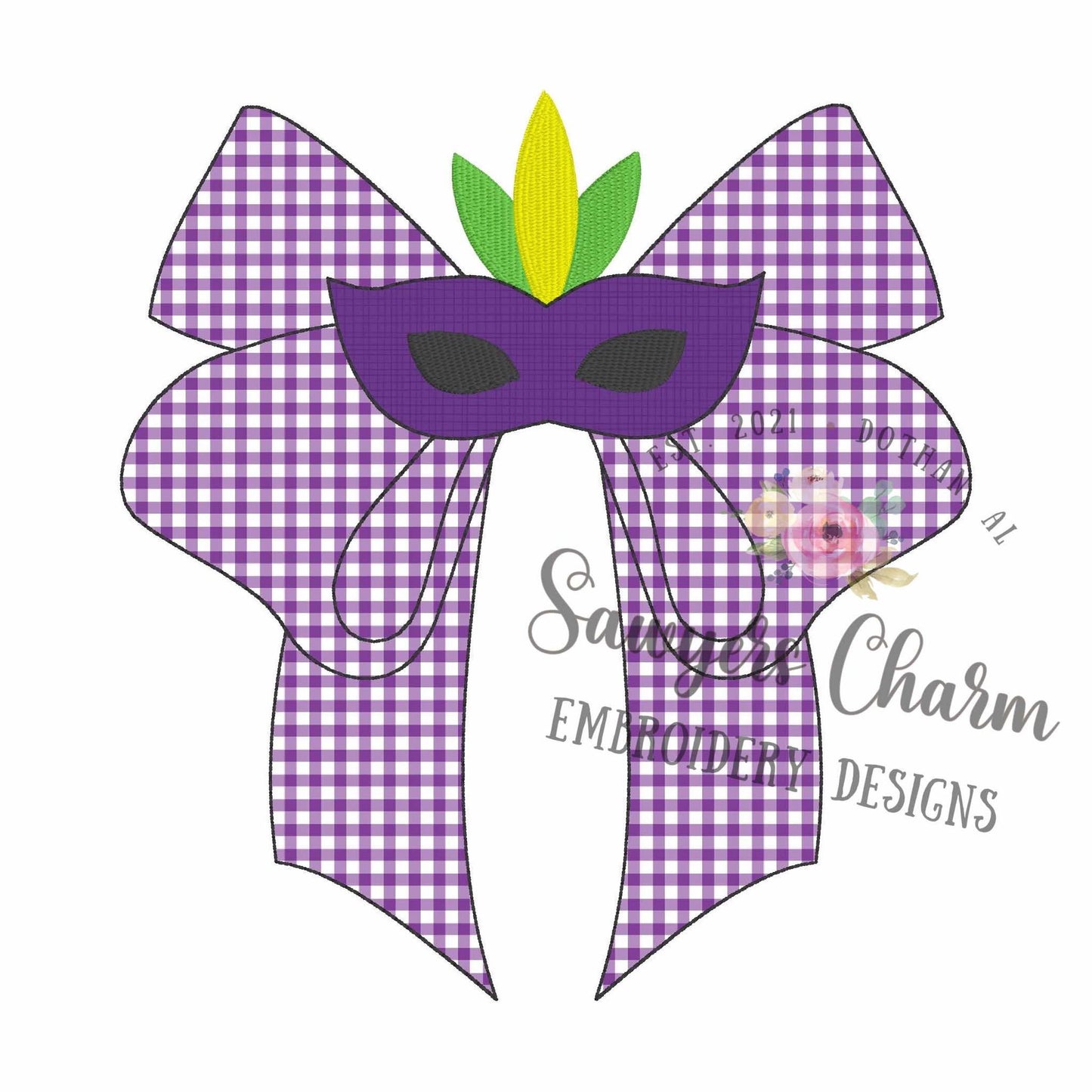 BUNDLE Coquette bow with Mardi Gras mask bean & zig zag stitch machine applique embroidery design, quick stitch, party, parade, large sizes