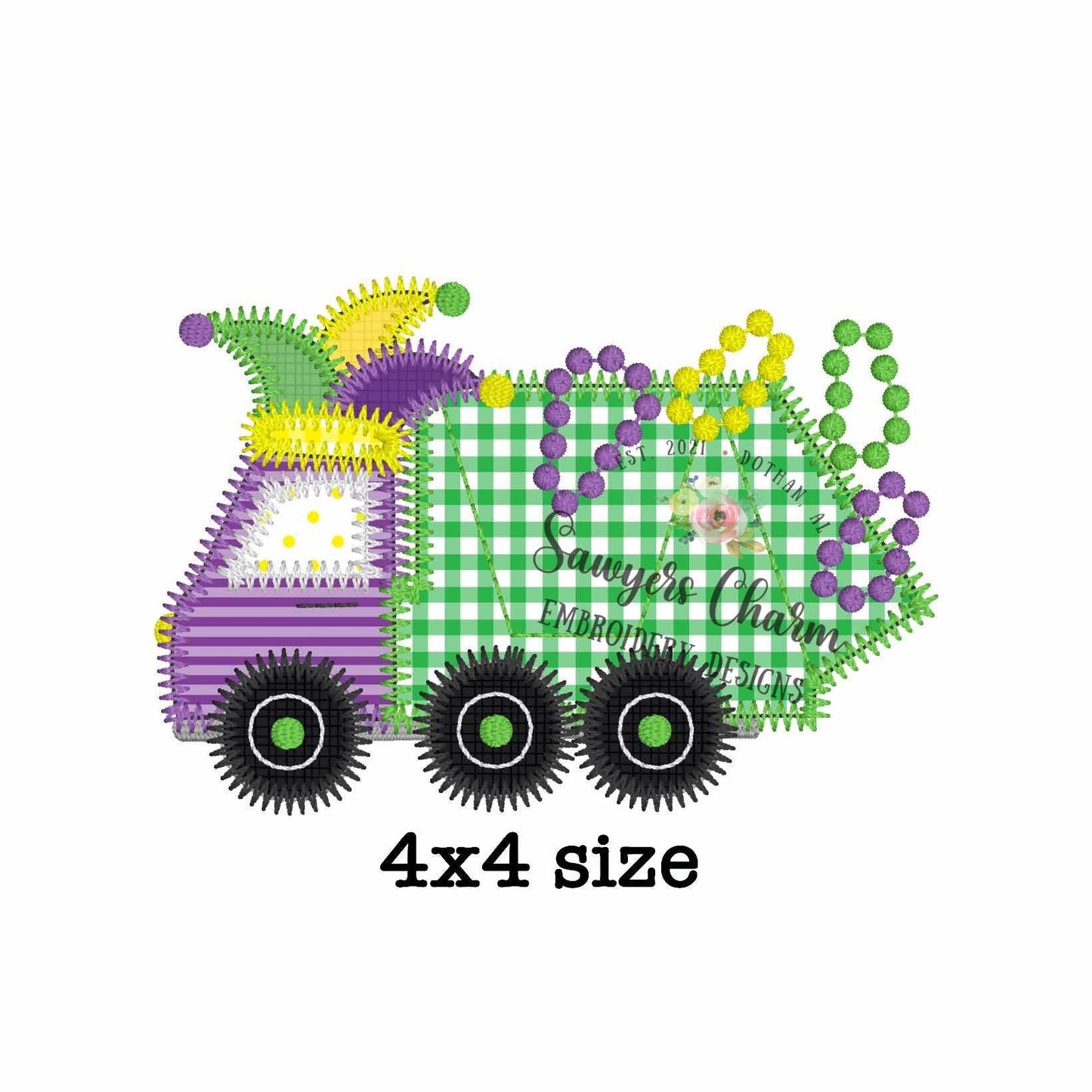 BUNDLE Mardi gras garbage truck with beads/jester hat bean & zig zag stitch machine applique embroidery design, quick stitch, party, parade