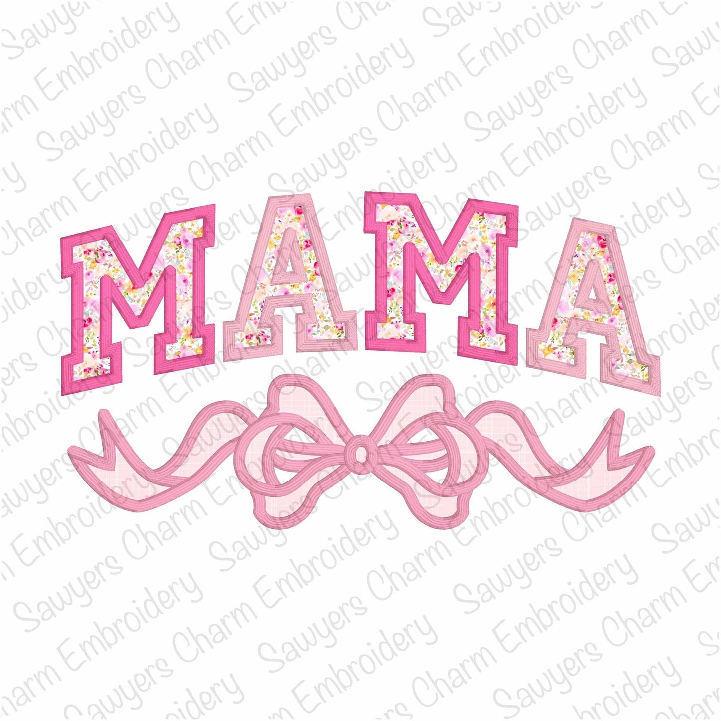 Mama with coquette bow satin stitch machine embroidery design file, Mother's Day, love, Valentine's Day, athletic style letters