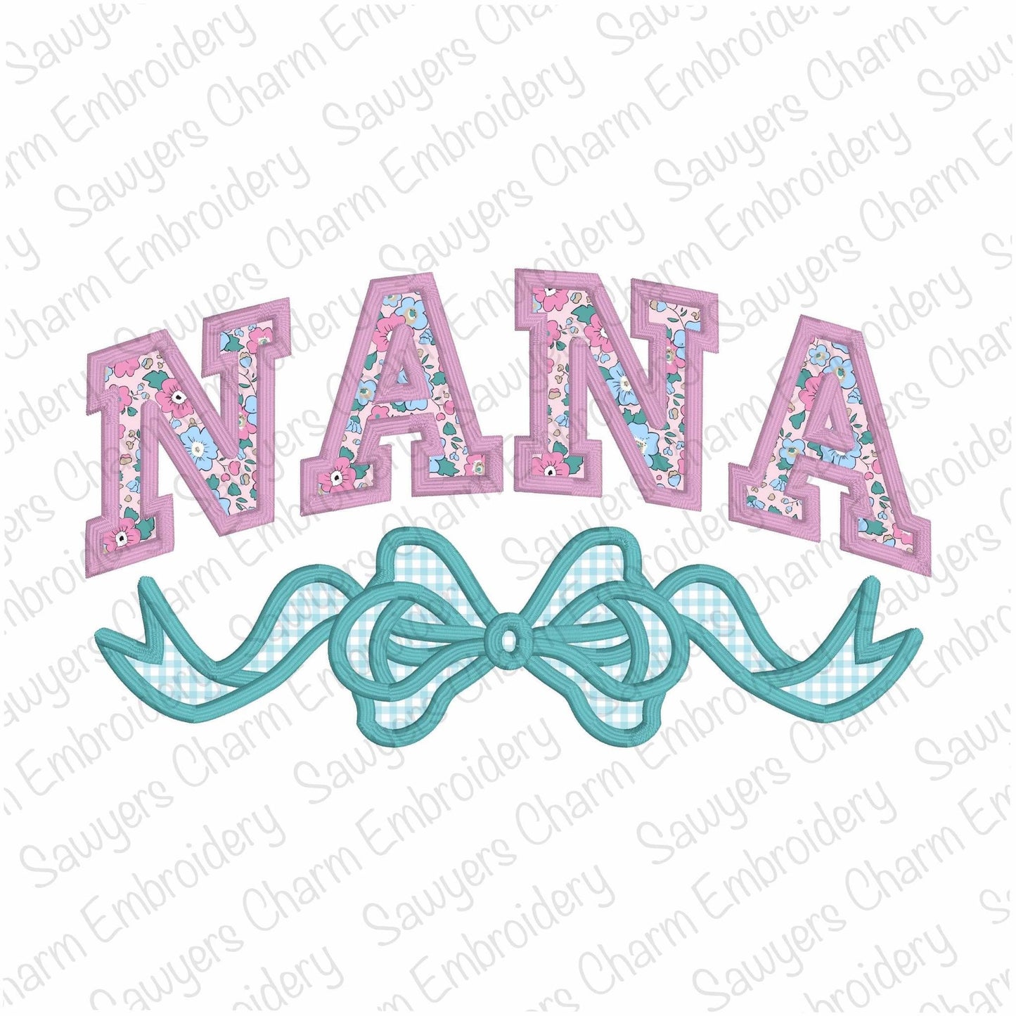 Nana with coquette bow satin stitch machine embroidery design file, Mother's Day, love, Valentine's Day, athletic style letters, grandmother