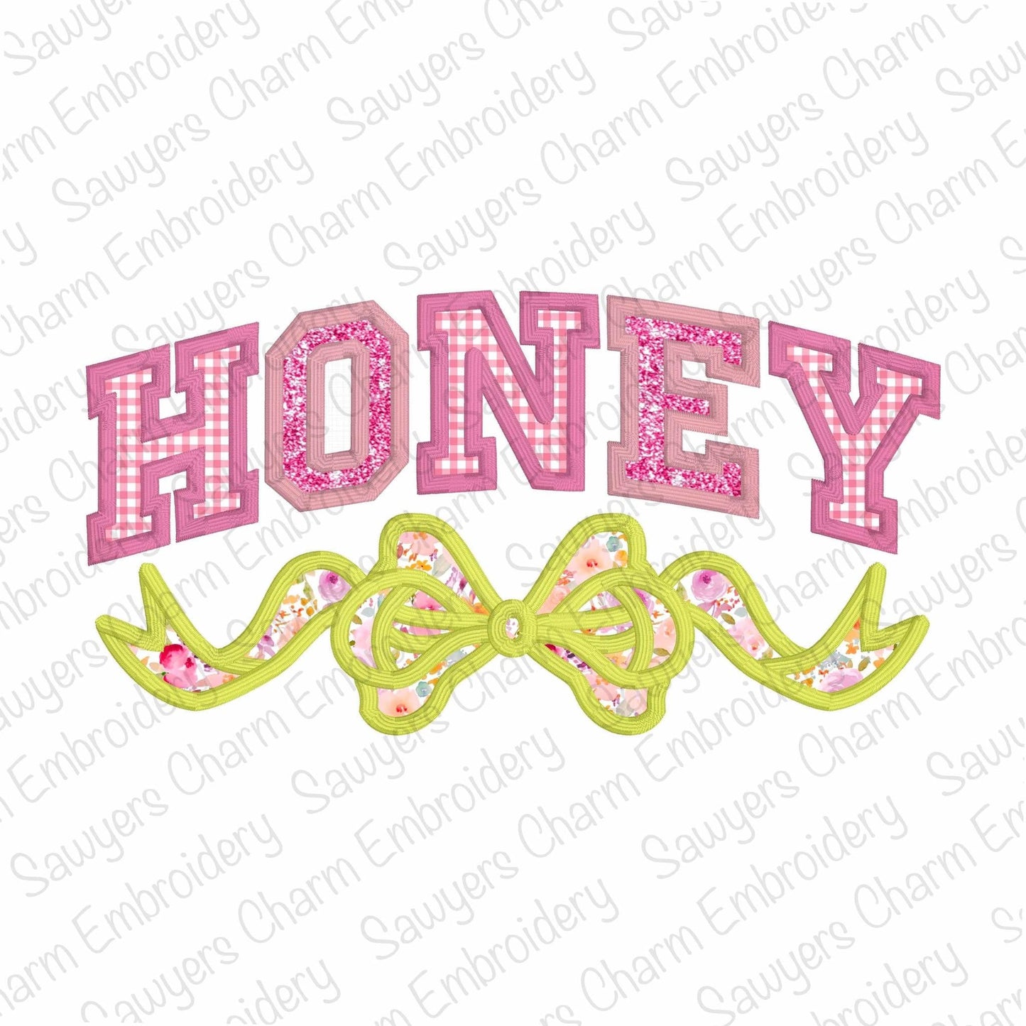 Honey with coquette bow satin stitch machine embroidery design file, Mother's Day, love, Valentine's Day, athletic style letters, grandma