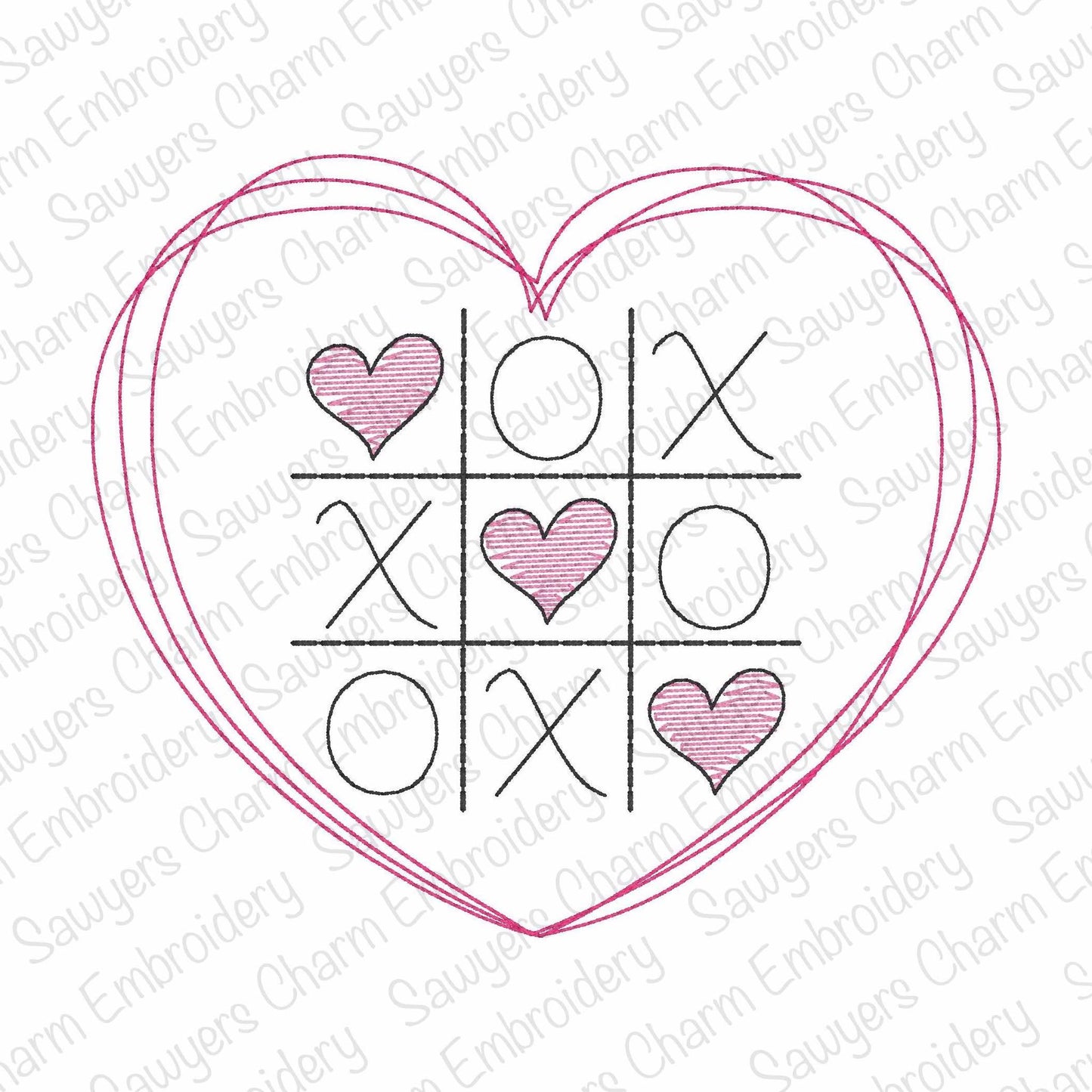 Valentine's Day Heart frame tic tac toe bean stitch machine embroidery design file, quick stitch, love day, game, sketch, XOXO, be mine