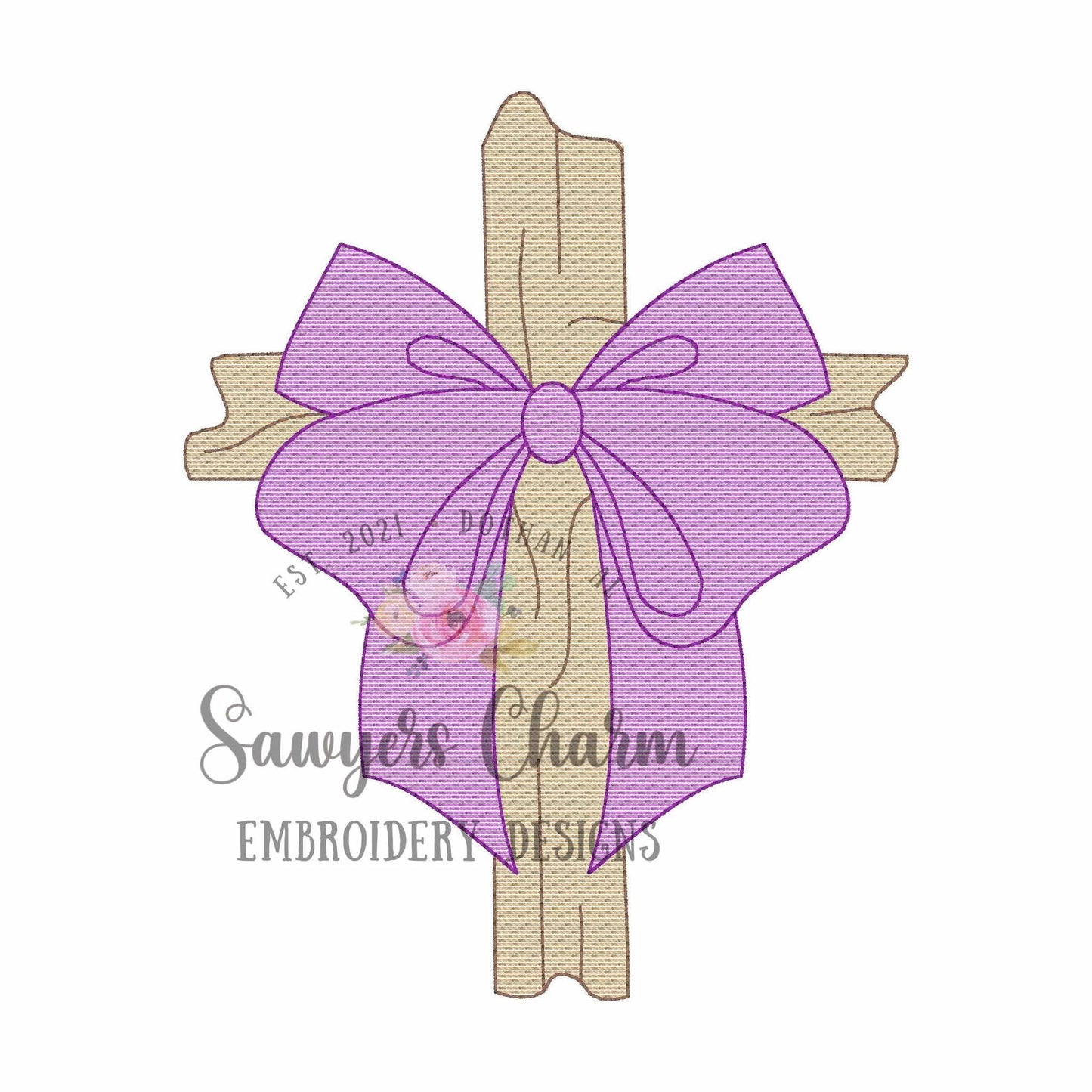 Cross with coquette bow sketch stitch machine embroidery design file, Easter Sunday, resurrection day, Jesus, spring, He is risen