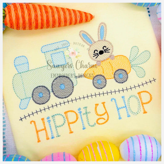 BUNDLE Train carrot car & bunny with and without bow sketch stitch machine embroidery design file, train track, choo choo, Easter rabbit
