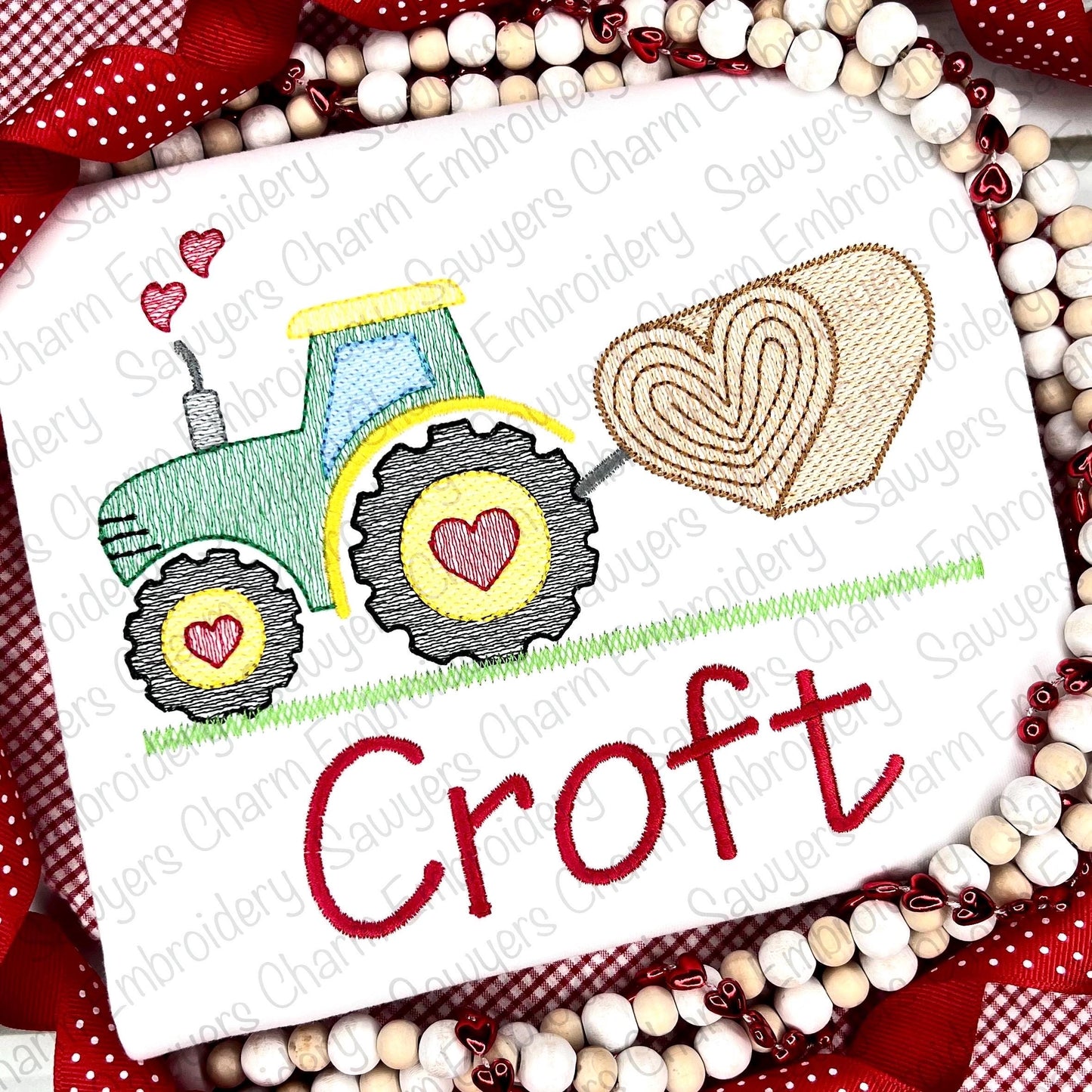 Valentine's Day tractor with heart haybale, heart smoke sketch stitch machine embroidery design file, quick stitch, love day, farm, xoxo