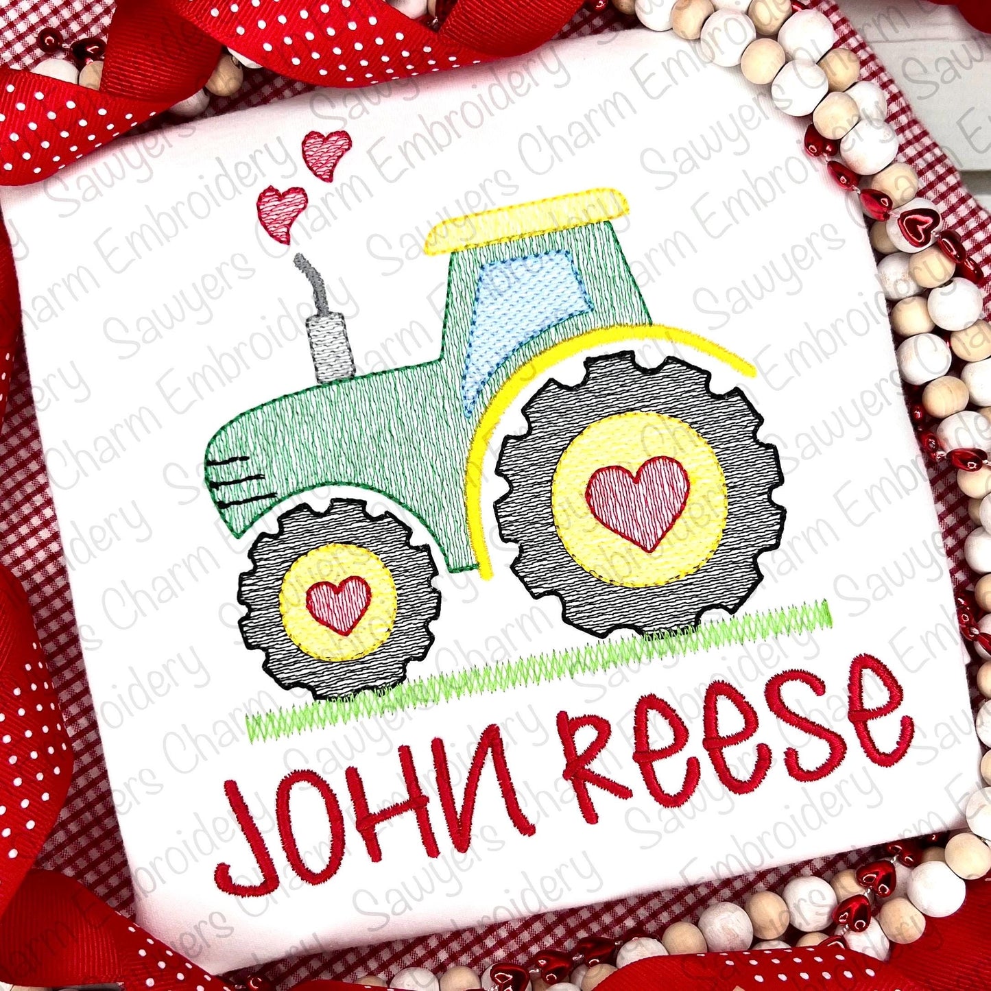 Valentine's Day tractor with heart smoke sketch stitch machine embroidery design file, quick stitch, love day, farm, xoxo, spring