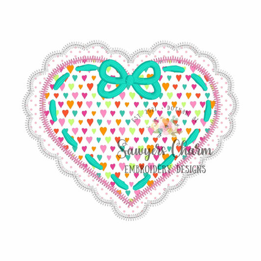 BUNDLE Valentine's Day scallop heart with laced ribbon bow bean & zigzag stitch machine applique embroidery design, love, XOXO, coquette